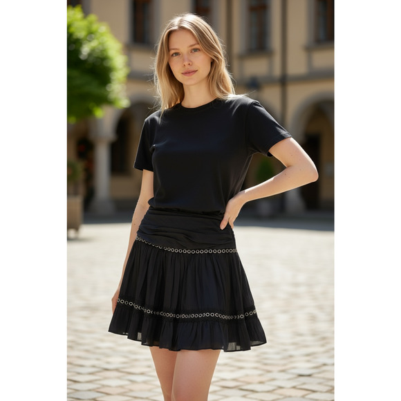 RAMY BROOK Skirt NEW Size 8 Esmeralda Black Silver Mini Stretch Eyelet Lace